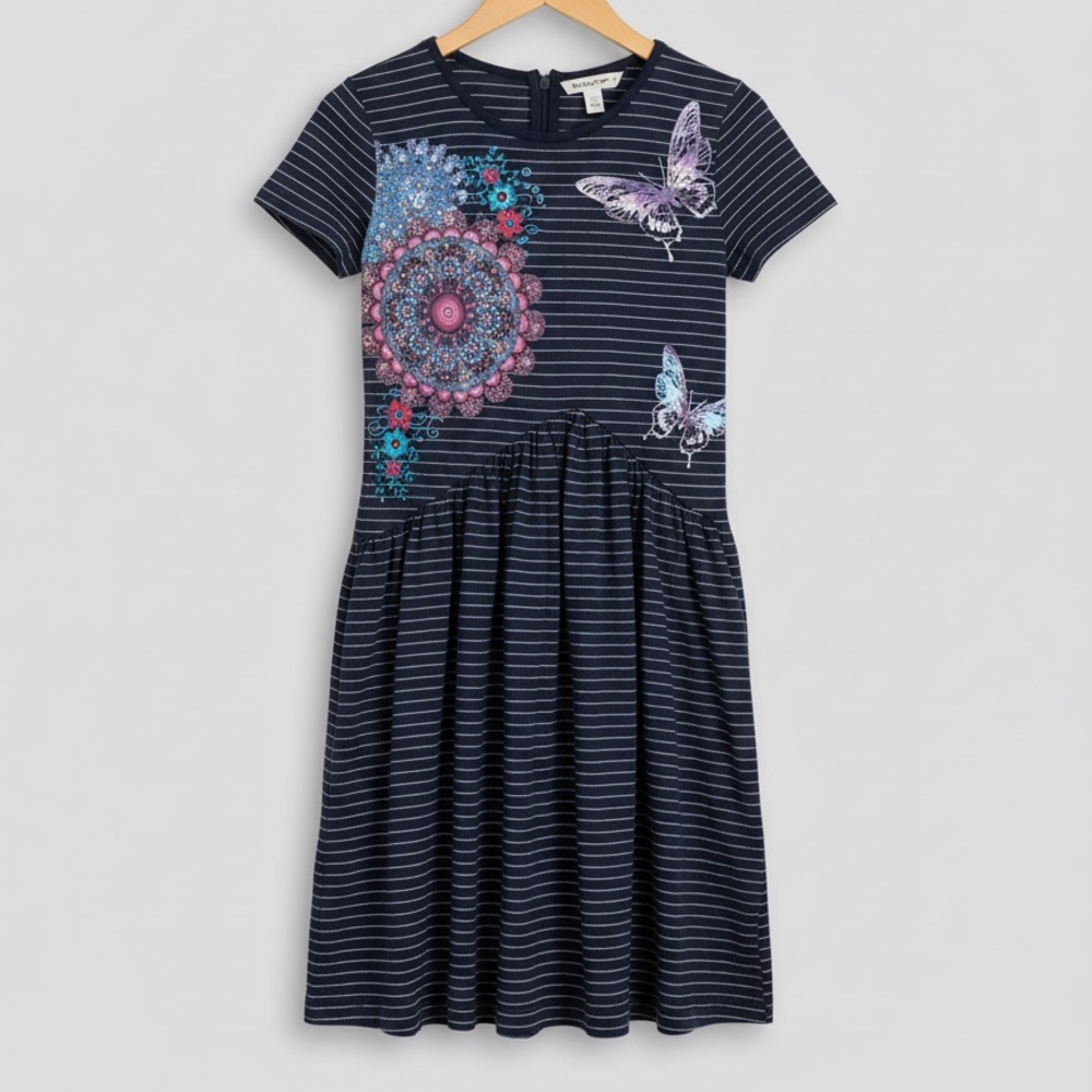 Desigual Navy and White Striped Kids Dress with Butterfly Motif - Picture 2 of 5